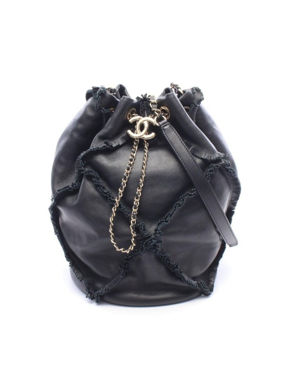 Chanel Shoulder Bag CC Logo Fringe Black Lambskin